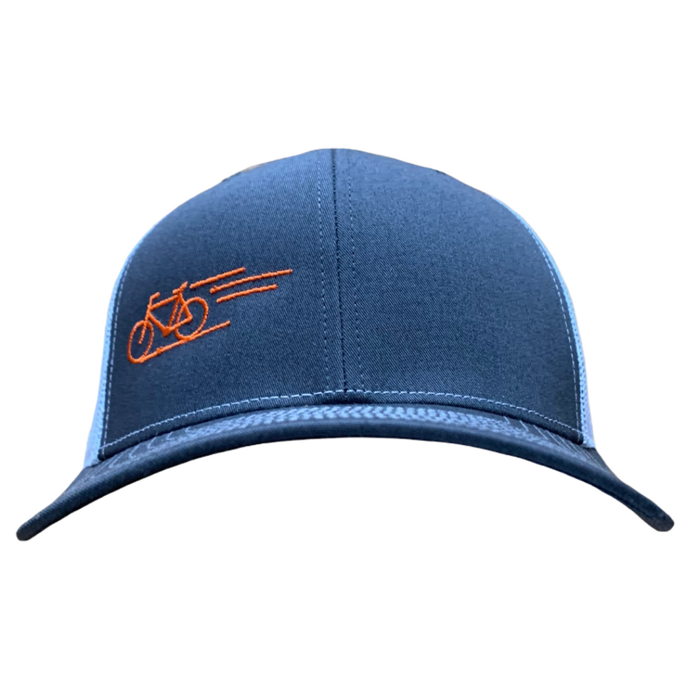 
                  
                    Hit The Trails 6-Panel Hat in navy blue with orange bike graphic
                  
                