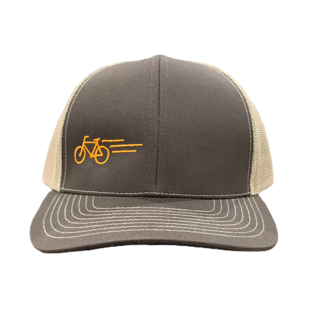 Hit The Trails 6-Panel Hat in brown with orange bike graphic