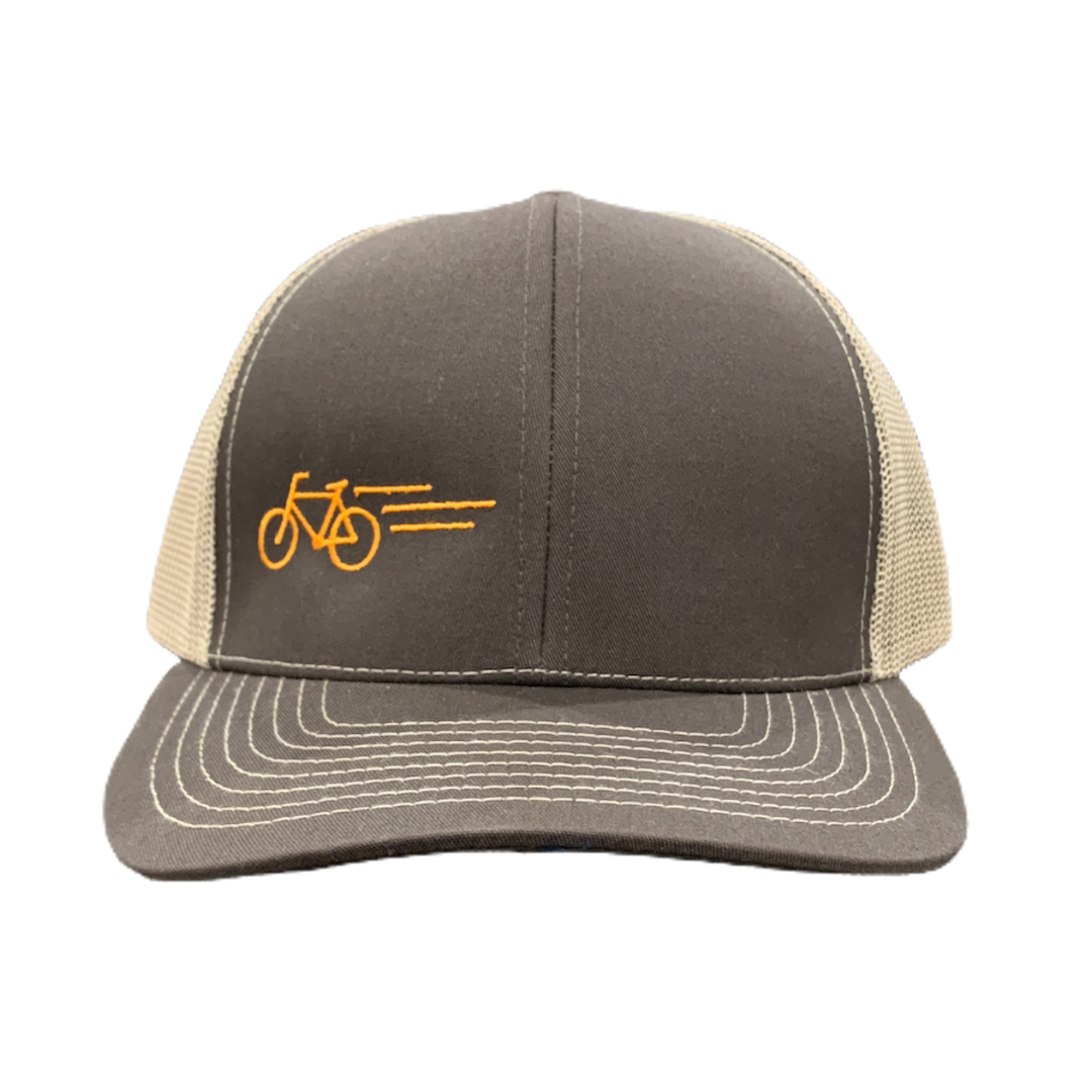 
                  
                    Hit The Trails 6-Panel Hat in brown with orange bike graphic
                  
                